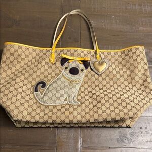 Gucci Beige Monogram Tote with Yellow Trim and Pug Dog Appliqué